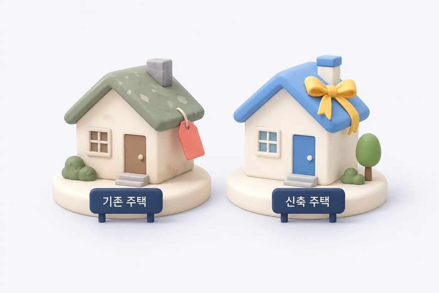 기존·신축 매입임대를 구분한 그림이며 실제 건물 외관이나 평면을 보장하지 않습니다. 매입임대에서 기존 주택 매입과 신축 주택 매입을 나란히 비교한 건물 개념도