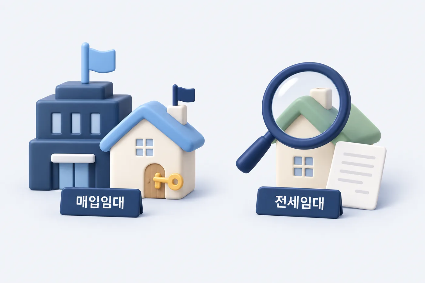 매입임대와 전세임대의 주택 선택·계약 구조를 비교한 그림입니다. 매입임대의 공공 보유 주택과 전세임대의 주택 물색·계약을 비교한 구조도