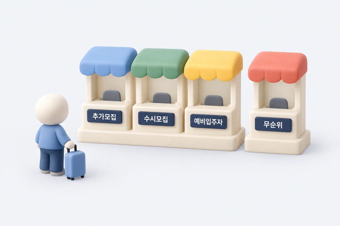 네 가지 창구 개념도 · 실제 접수처 배치 아님 추가모집·수시모집·예비입주자·무순위 창구 네 곳을 나란히 세우고 신청자가 바라보는 그림