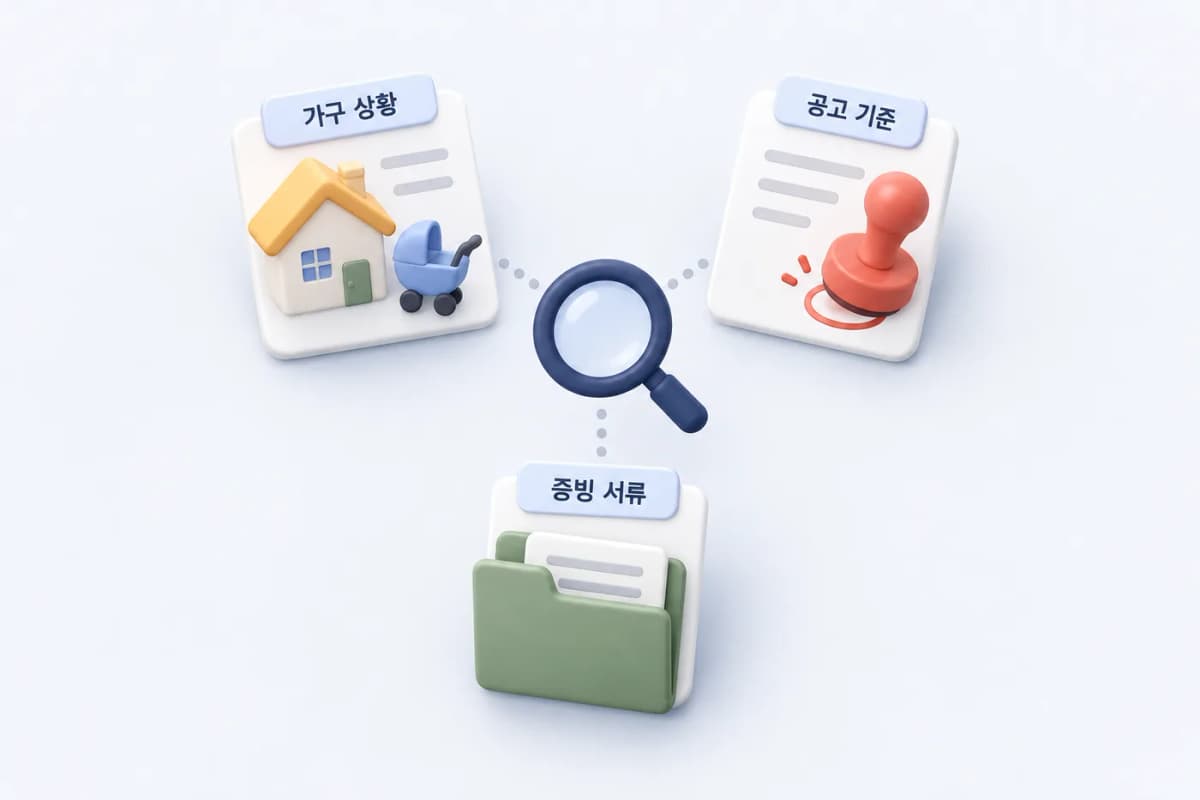 가구 상황만으로 우선공급을 판단하지 않고 공고 기준과 증빙을 함께 대조하는 그림입니다. 가구 상황·공고 기준·증빙 서류를 함께 대조해 우선공급 여부를 확인하는 관계도