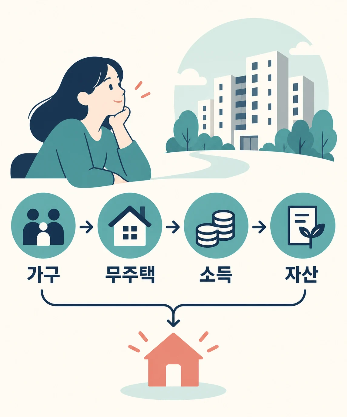신청 전 체크 개념도 · 실제 공고 아님 청약 접수 전 가구·무주택·소득·자산 확인을 순서대로 점검하는 체크 흐름