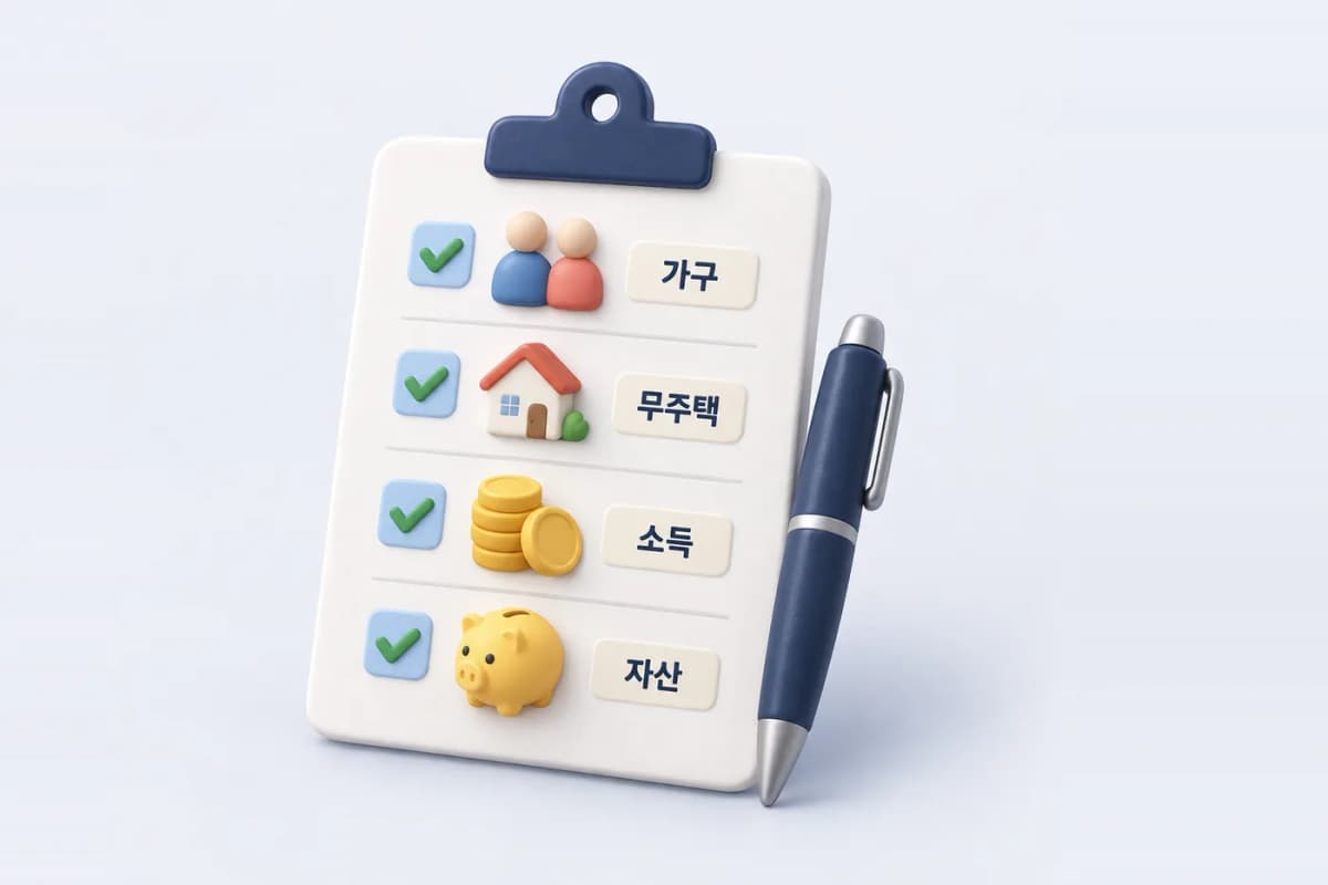 신청 전 체크 개념도 · 실제 공고 아님 청약 접수 전 가구·무주택·소득·자산 확인을 순서대로 점검하는 체크 흐름