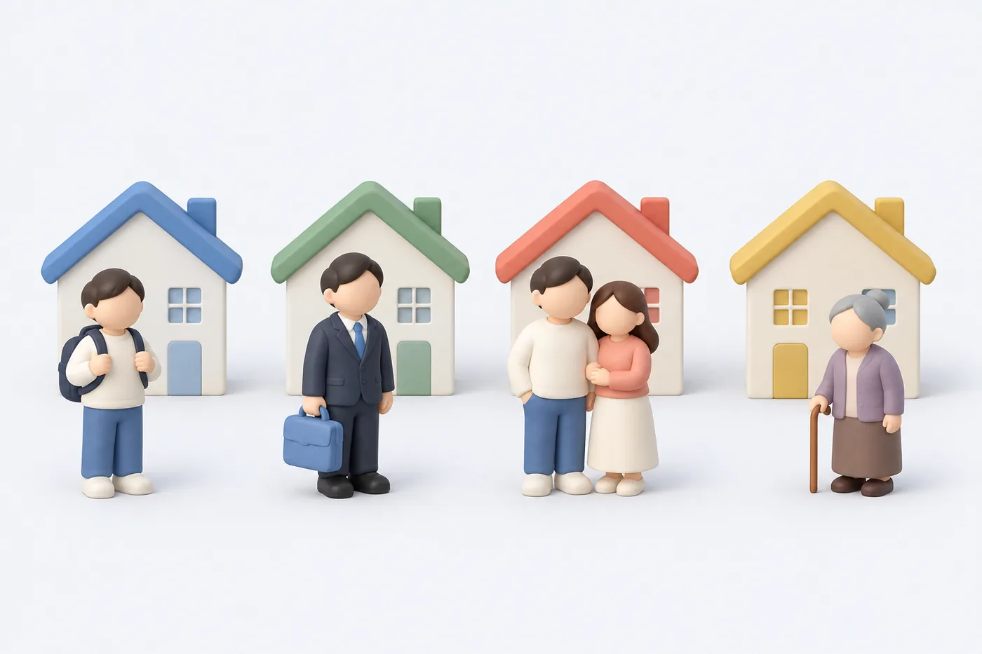 계층 구분을 설명하는 그림입니다. 실제 공급 평면이나 가구 구성을 제한하는 기준은 아닙니다. 행복주택의 대학생·청년·신혼부부·고령자 계층을 주택 그림에 연결한 개념도