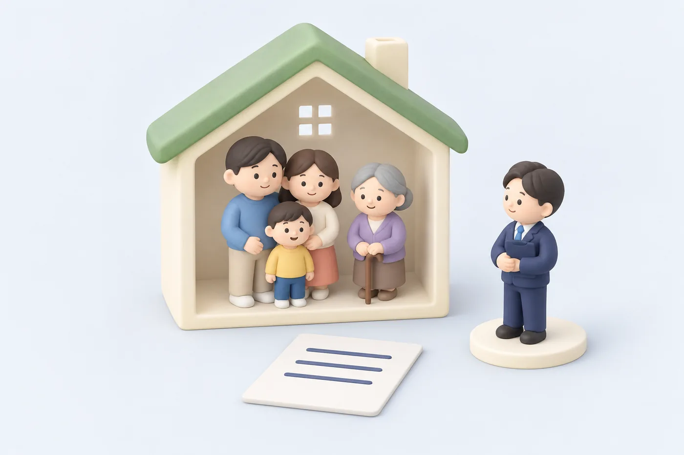 세대 범위 개념도 · 같은 등본 여부로 갈린다 단면이 열린 집 안에 어른·아이·노인 인형이 모여 있고 집 밖에 인형 하나가 떨어져 서 있는 그림