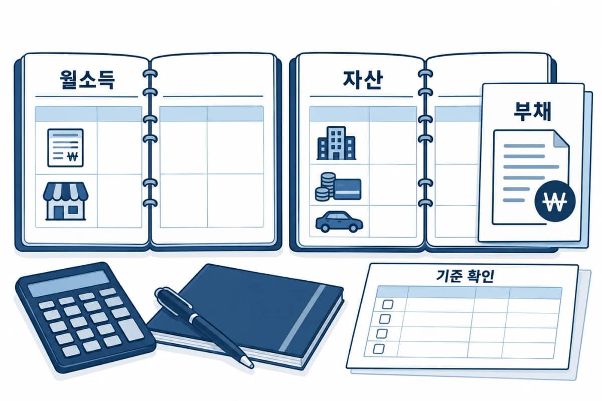 소득과 자산 자료를 별도로 정리한 예시입니다. 공제 가능한 부채는 공고 기준을 확인하세요. 월소득 장부와 부동산·금융·자동차 자산 장부, 부채 서류를 따로 정리한 계산 준비도