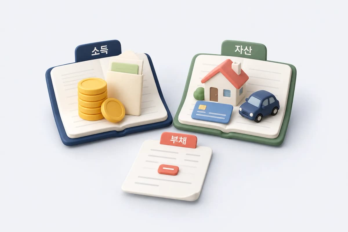 소득과 자산 자료를 별도로 정리한 예시입니다. 공제 가능한 부채는 공고 기준을 확인하세요. 월소득 장부와 부동산·금융·자동차 자산 장부, 부채 서류를 따로 정리한 계산 준비도