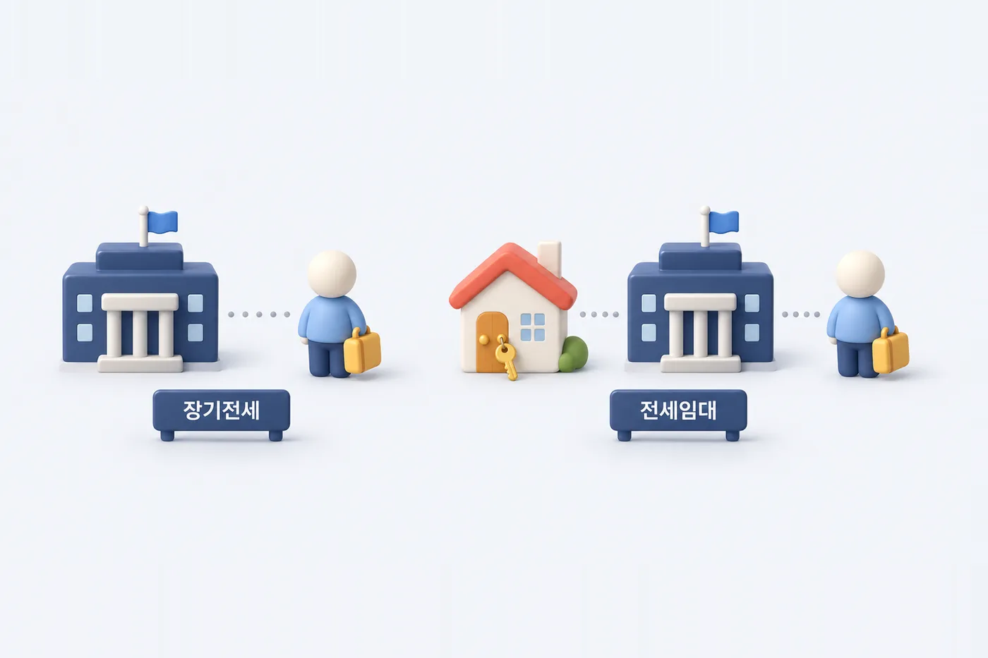 장기전세는 공공기관과 입주자, 전세임대는 민간 집주인·공공기관·입주자의 관계를 보여줍니다. 장기전세의 공공기관·입주자 직접 연결과 전세임대의 집주인·공공기관·입주자 연결을 비교