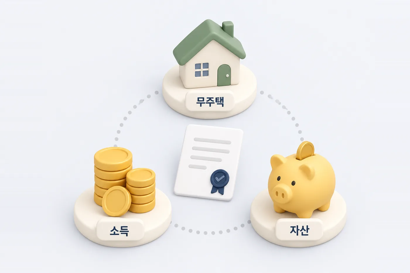 국민임대 자격 확인 개념도 · 실제 기준값 아님 국민임대 신청 전 세대의 무주택·소득·자산 세 조건을 함께 확인하는 도식