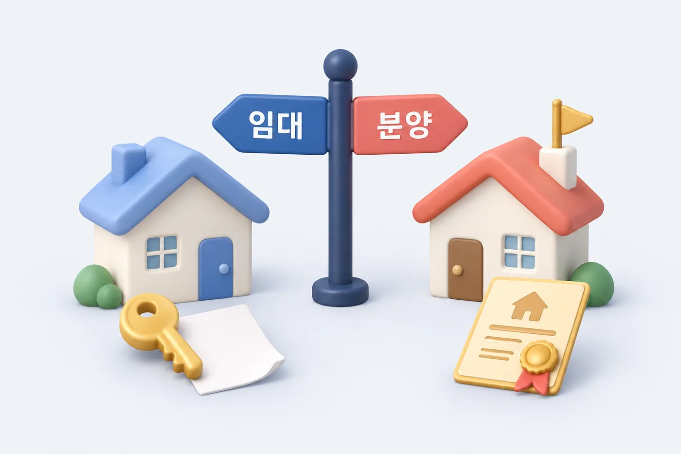 여러 제도를 임대·분양의 목적에 따라 나눈 그림입니다. 주택 모양이 특정 제도를 뜻하지 않습니다. 신혼부부 주거 선택을 임대 계약과 분양 소유의 두 방향으로 구분한 모형