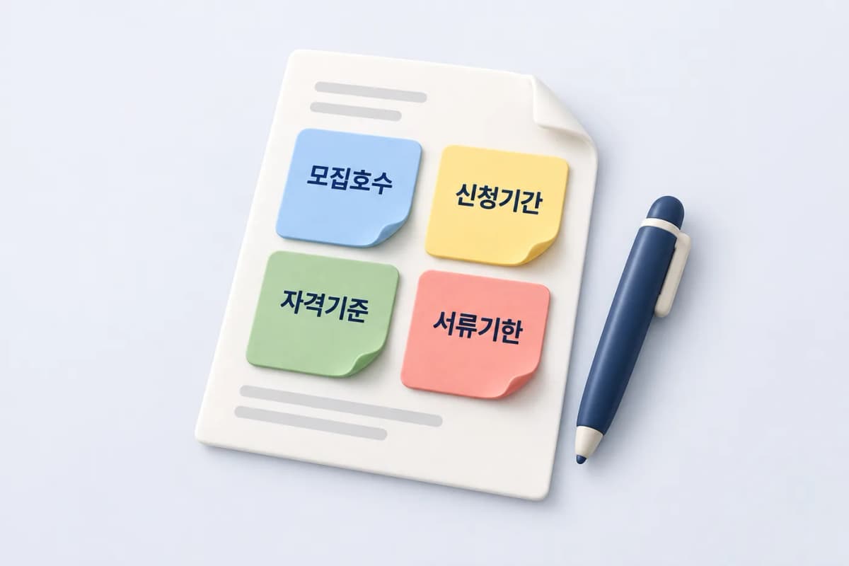 공고에서 찾은 내용을 네 칸에 나누어 적는 요약 메모 예시입니다. 공공임대 공고문을 모집호수·신청기간·자격기준·서류기한 네 칸으로 정리한 요약 메모