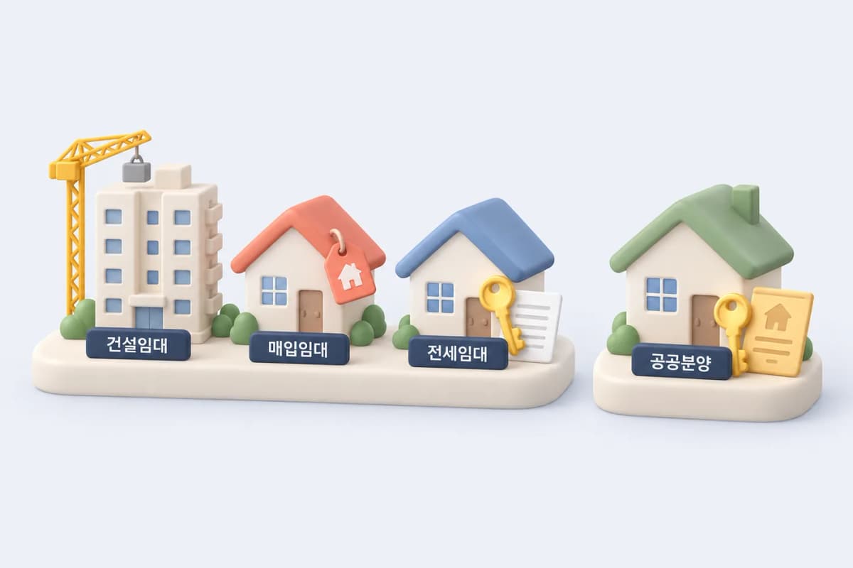 공급 방식과 임대·분양을 구분한 그림입니다. 임대가 분양으로 전환된다는 의미는 아닙니다. 건설임대·매입임대·전세임대의 주택 그림과 공공분양의 열쇠·등기 문서를 구분한 분류도