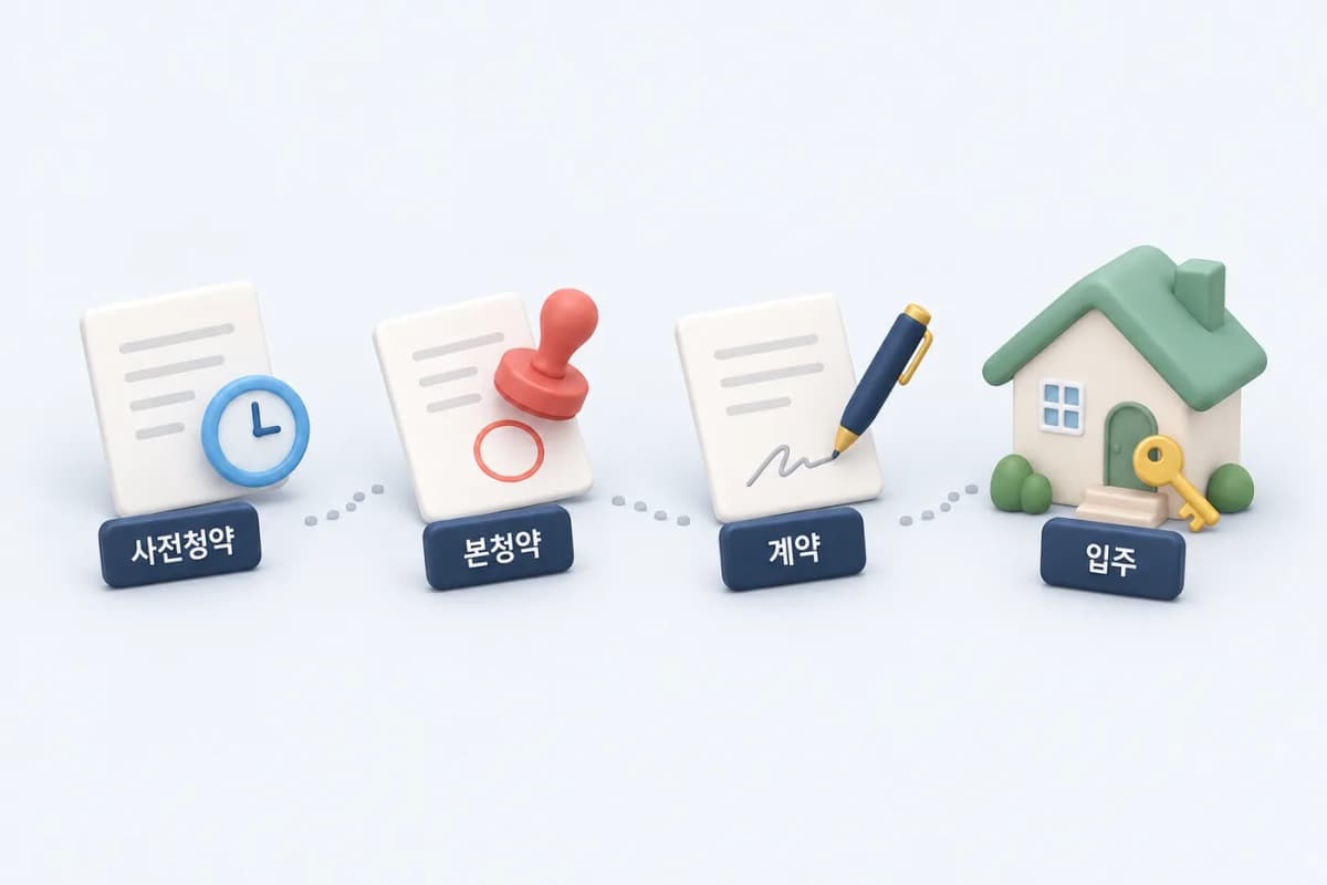사전청약이 포함된 공공분양 절차의 개념도입니다. 적용 여부와 일정은 해당 공고를 확인하세요. 사전청약·본청약·계약·입주를 네 단계로 표시한 공공분양 절차 그림