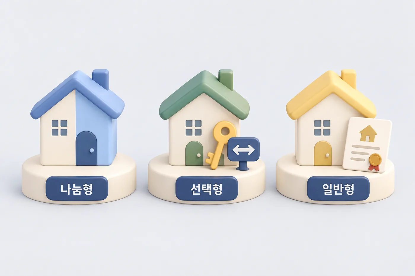 뉴:홈 유형 비교 개념도 · 실제 분양가·자격 수치 아님 뉴:홈 나눔형·선택형·일반형의 구조와 선택 포인트를 비교한 도식