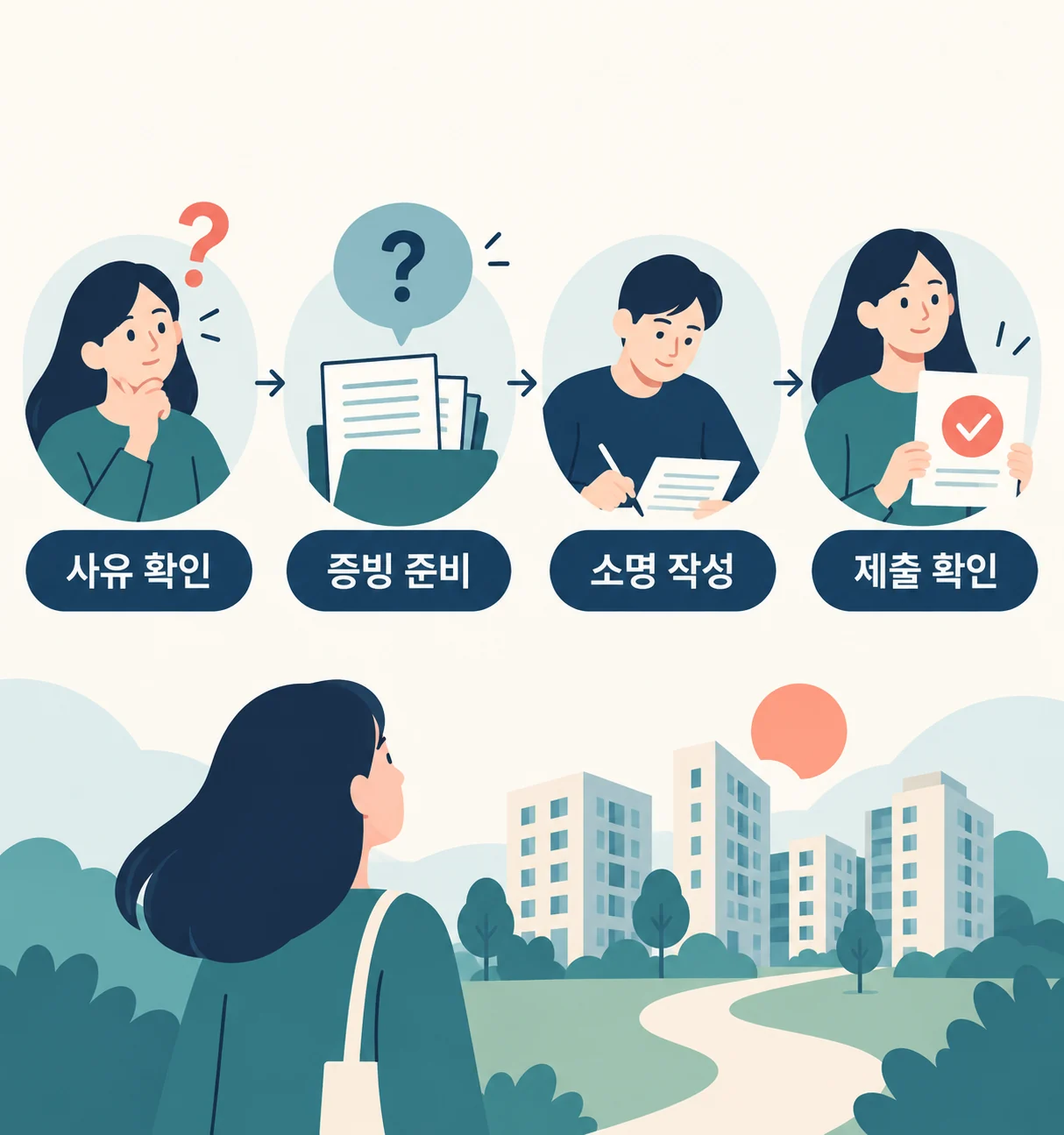 본문의 소명 준비를 네 묶음으로 정리했습니다. 증빙 준비 중 문의·사실 확인을 함께 진행합니다. 공공임대 부적격 사유 확인·증빙 준비·소명 작성·제출 확인을 네 단계로 묶은 절차도