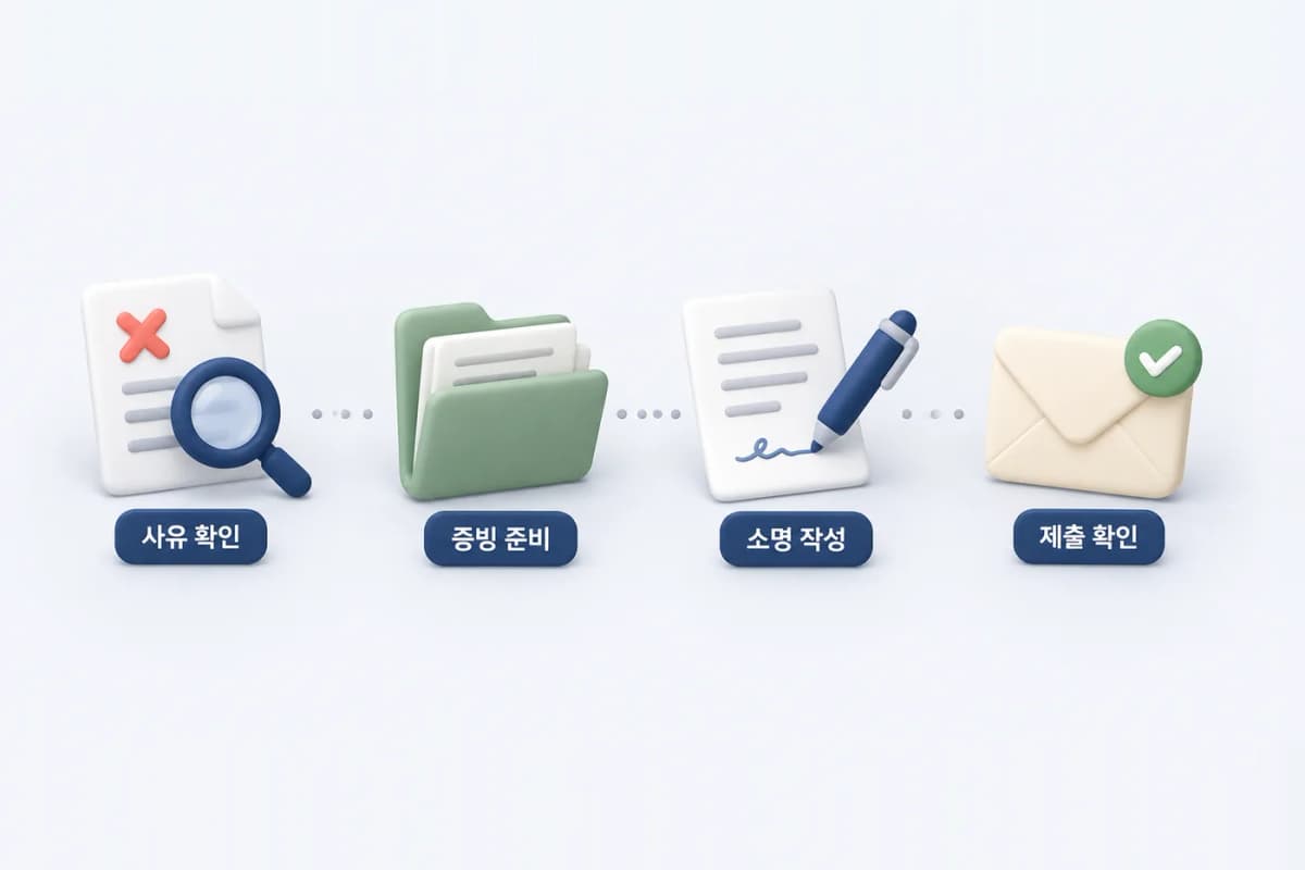 본문의 소명 준비를 네 묶음으로 정리했습니다. 증빙 준비 중 문의·사실 확인을 함께 진행합니다. 공공임대 부적격 사유 확인·증빙 준비·소명 작성·제출 확인을 네 단계로 묶은 절차도