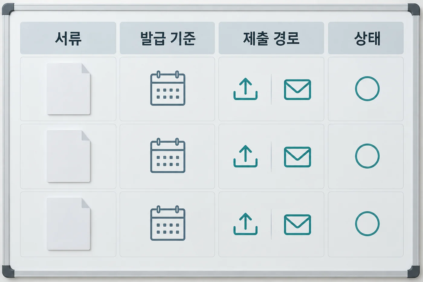 개인 서류 관리표의 예시입니다. 실제 기관 양식이나 필수 제출서류 목록은 아닙니다. 공공임대 서류를 서류명·발급 기준·제출 경로·상태 네 칸으로 관리하는 보드