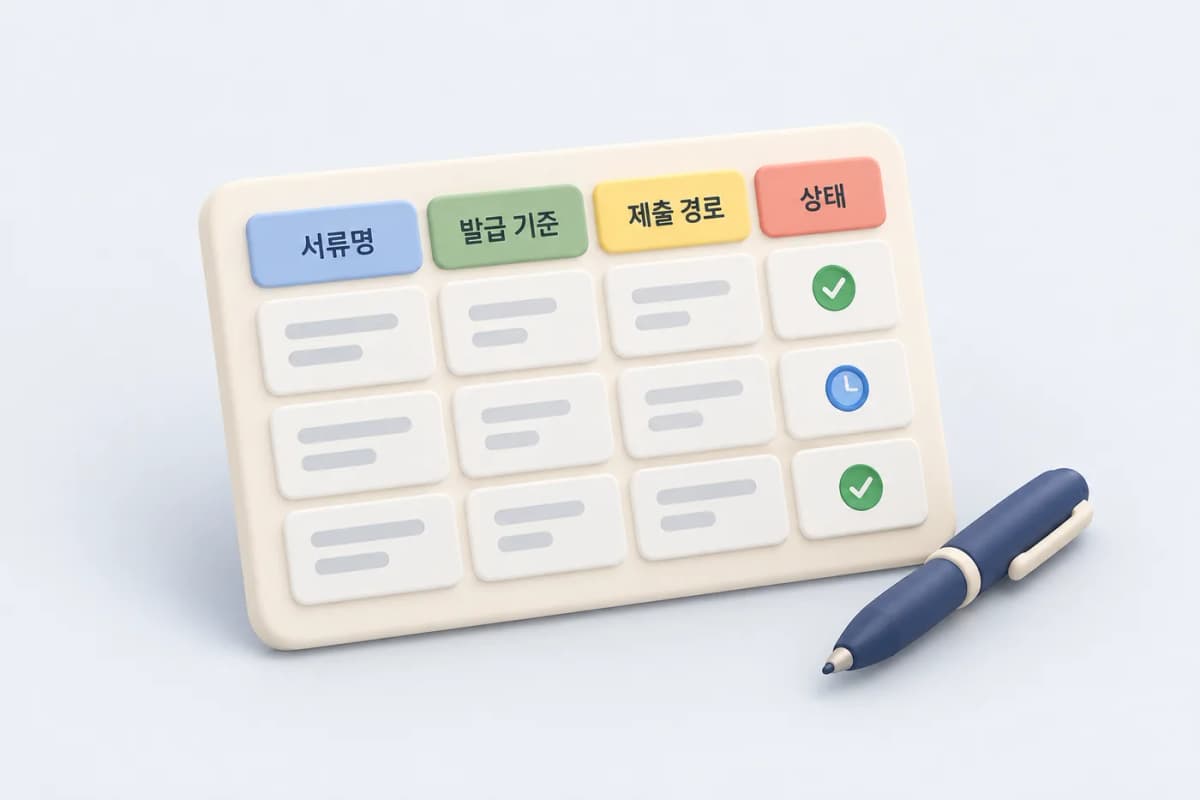 개인 서류 관리표의 예시입니다. 실제 기관 양식이나 필수 제출서류 목록은 아닙니다. 공공임대 서류를 서류명·발급 기준·제출 경로·상태 네 칸으로 관리하는 보드