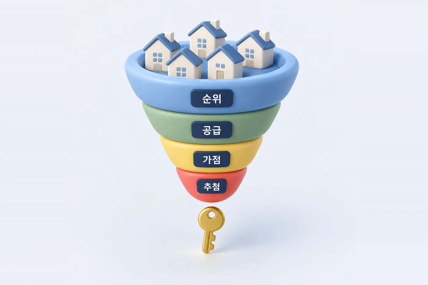 선정에서 확인하는 항목을 단순화했습니다. 적용 순서와 배점·추첨 여부는 공고마다 다릅니다. 공공임대 선정에서 순위·공급·가점·추첨 항목을 확인하는 깔때기형 개념도