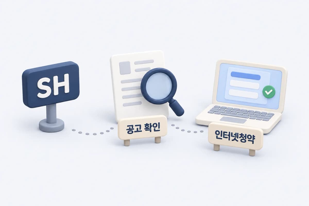 SH 신청 절차 개념도 · 실제 화면·공고 아님 SH 공공임대 공고 확인부터 인터넷청약 접수까지의 단계