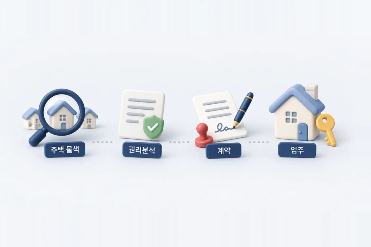 전세임대 진행 순서 개념도 · 실제 일정 아님 전세임대 선정 이후 주택 물색·권리분석·계약·입주 순서를 보여주는 흐름