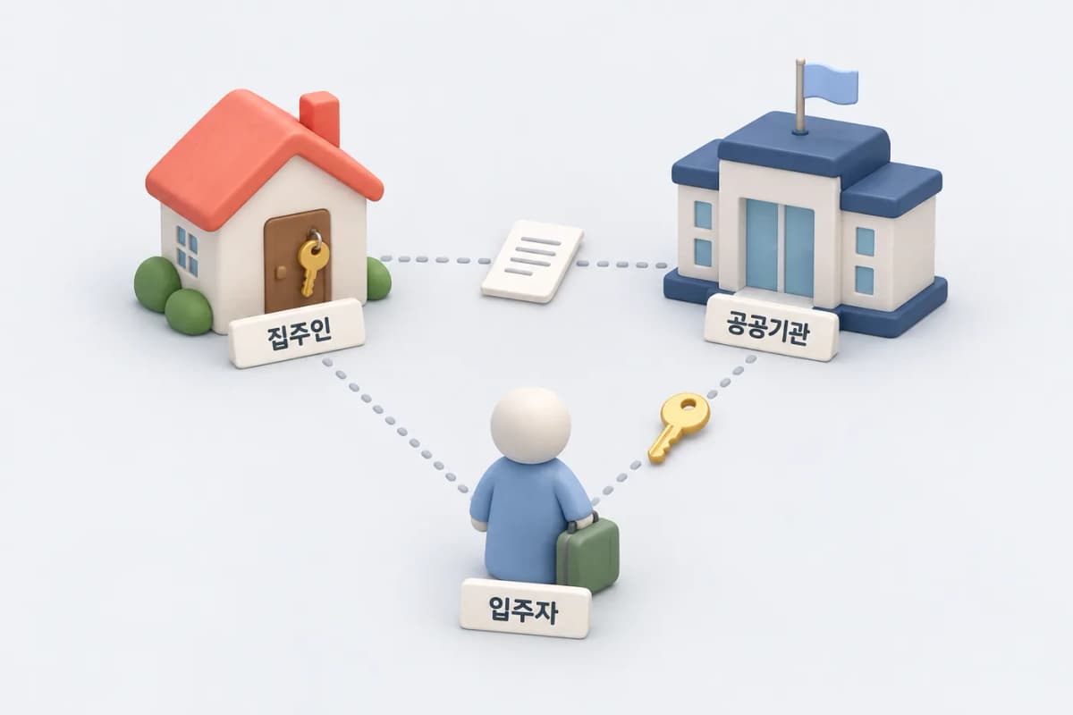 전세임대 계약 구조 개념도 · 실제 계약조건 아님 민간 집주인·공공기관·입주자 사이에서 전세 계약과 재임대가 이어지는 관계도