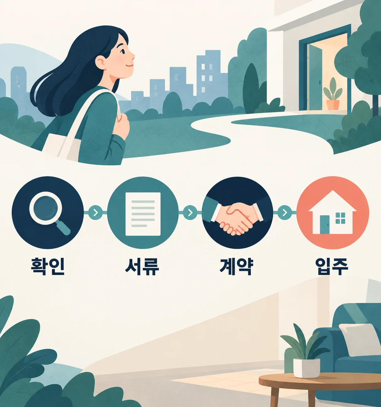 당첨 후 행동 흐름 · 실제 일정 아님 공공임대 당첨 발표 뒤 확인·서류·계약·입주 준비를 순서대로 보여주는 체크 흐름