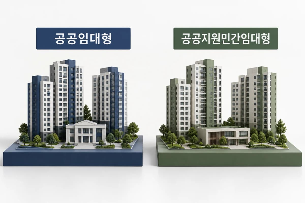 두 공급 방식을 구분하기 위한 모형입니다. 실제 단지 외관이나 공급 규모를 뜻하지 않습니다. 청년안심주택 공공임대형과 공공지원민간임대형을 별도의 건축 모형으로 표현한 비교 이미지