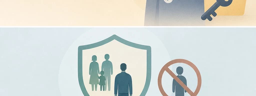 무주택 등 자격 요건을 상징하는 사람과 보호막, 금지 표식