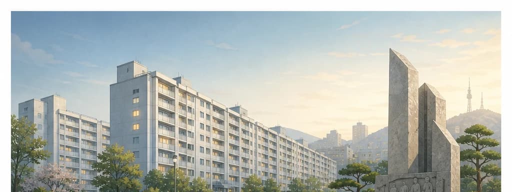 대구 달서구의 아파트 단지 전경과 50년의 시간을 상징하는 은은한 기념석이 보이는 일러스트.