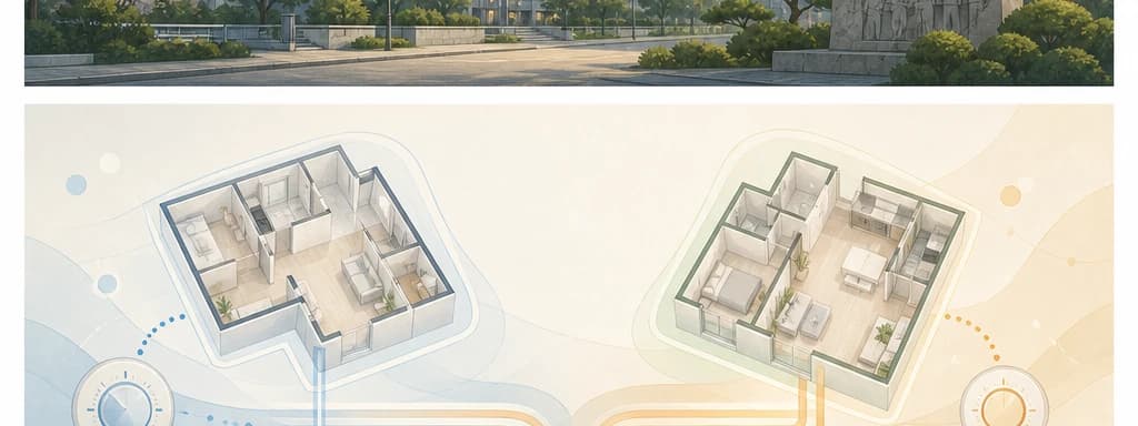 42㎡와 49㎡를 상징하는 반투명 도면 조각과 개별 난방 조절 아이콘, 따뜻한 배관 라인이 함께 있는 일러스트.