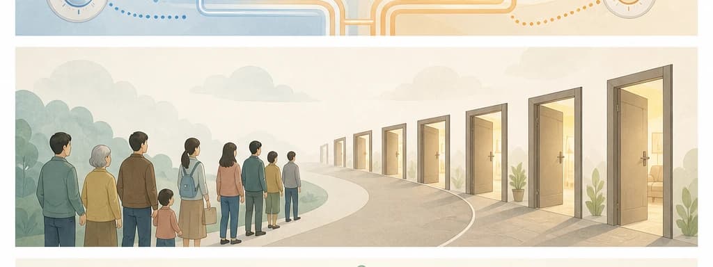 공가가 생길 때 순번대로 입주한다는 느낌의 복도 길과 문들이 단계적으로 열리는 일러스트.