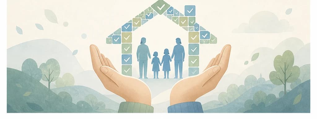 무주택세대구성원 유지를 상징하는 집 모양 보호막과 가족 실루엣이 있는 일러스트.